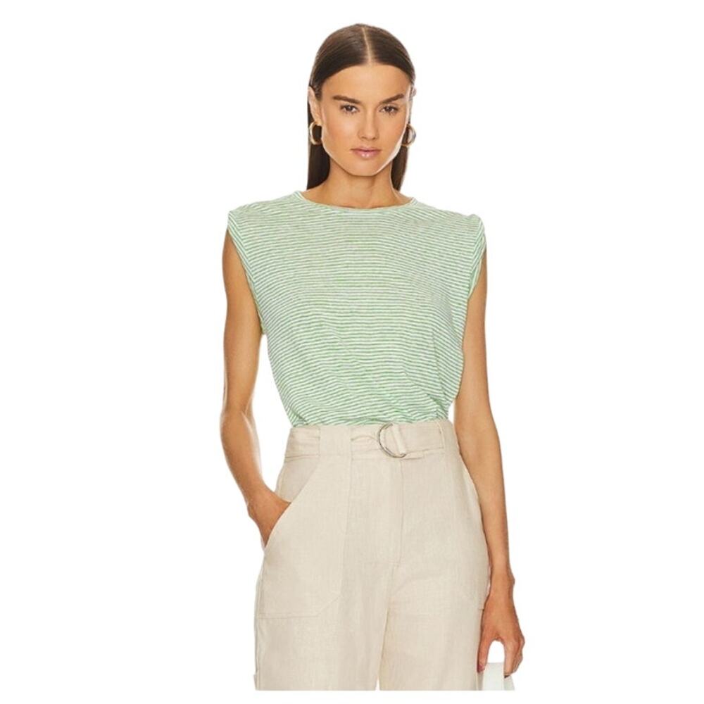Frame Denim New Womens Linen Knotted Rolled Tee Bright Peridot Stripe Small